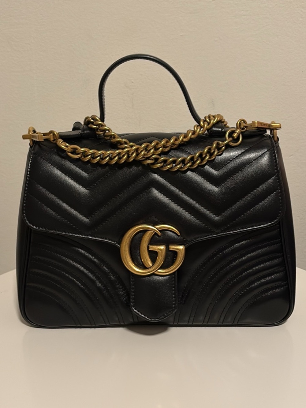 ‼️SOLD‼️Auth Gucci Black Leather GG Marmont Top Handle Satchel with Gold Hardwar